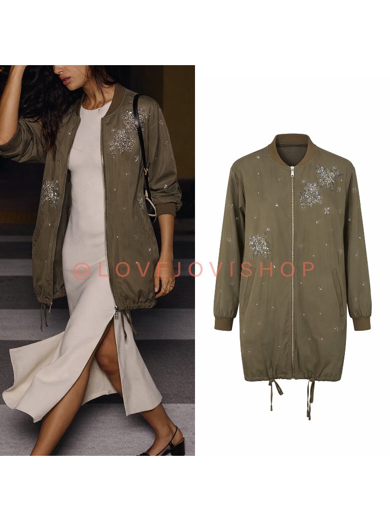 Jacket | The Kooples Celestial Embroidered Bomber | Olive Stardust Beaded Parka